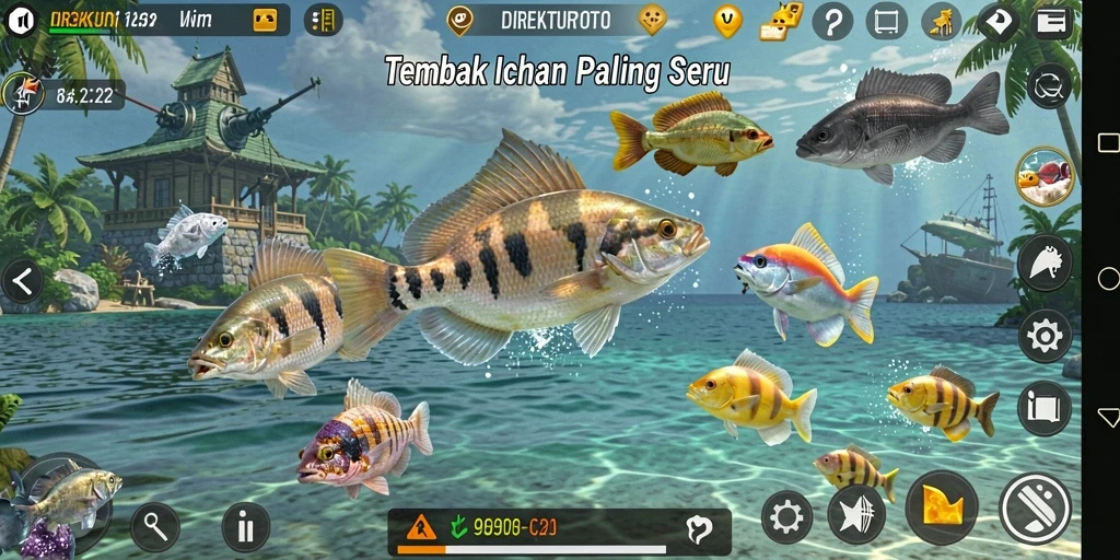 Screenshot gameplay DIREKTURTOTO menampilkan aksi menangkap ikan.