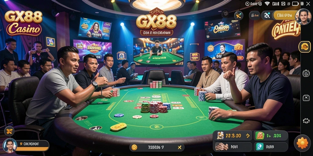 Tampilan menunjukkan dealer dan pemain dalam suasana Live Casino yang seru.