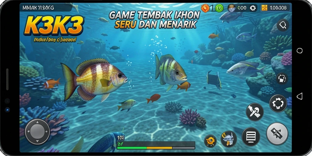Gameplay K3K3 yang seru, menembak ikan dengan berbagai senjata.