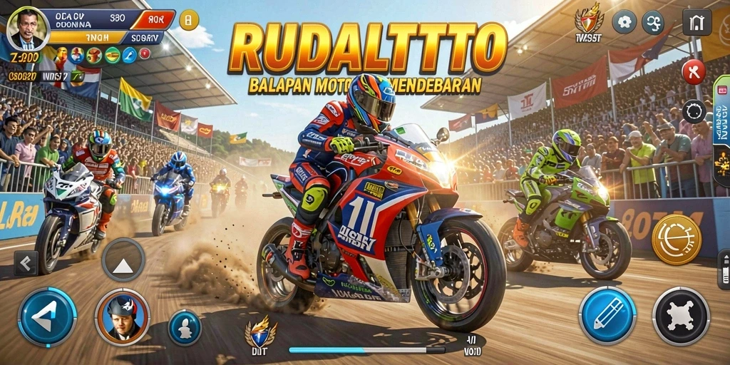 Gameplay seru RUDALTOTO dengan balapan motor yang cepat dan mendebarkan.