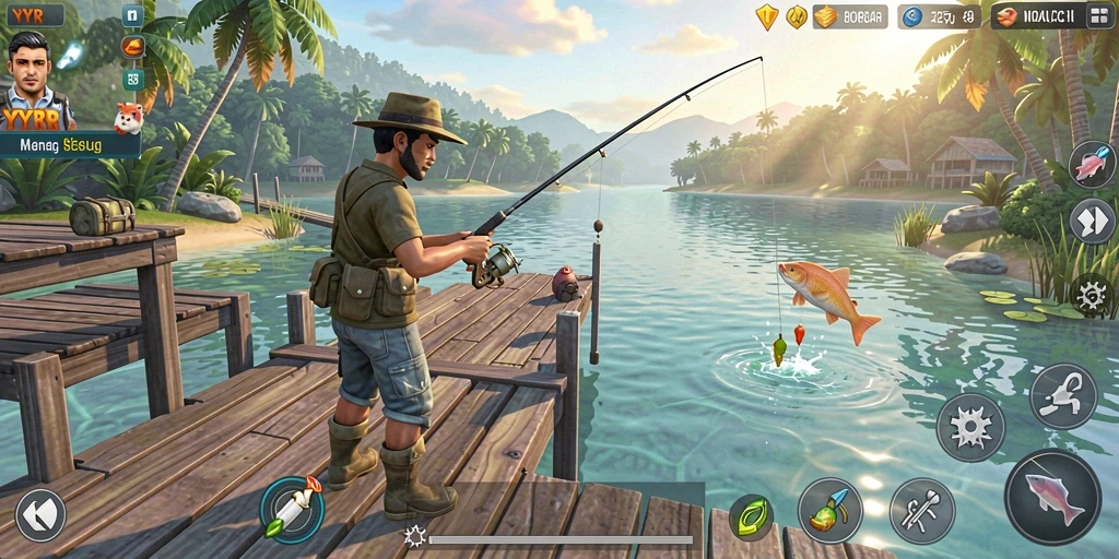 Screenshot gameplay <strong>YYRR</strong> yang menunjukkan aksi memancing di laut yang indah.
